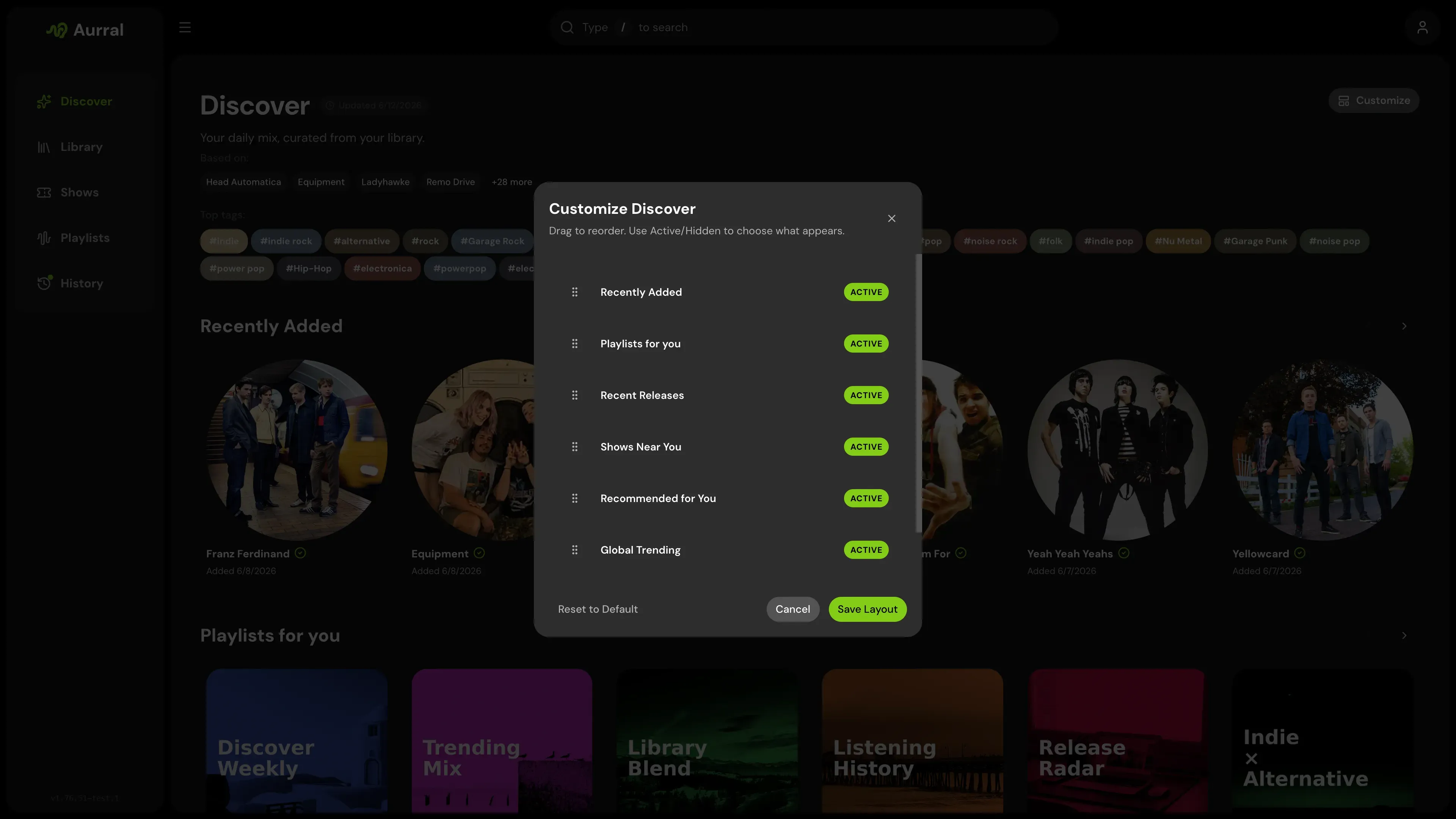 Aurral Discover layout customization
