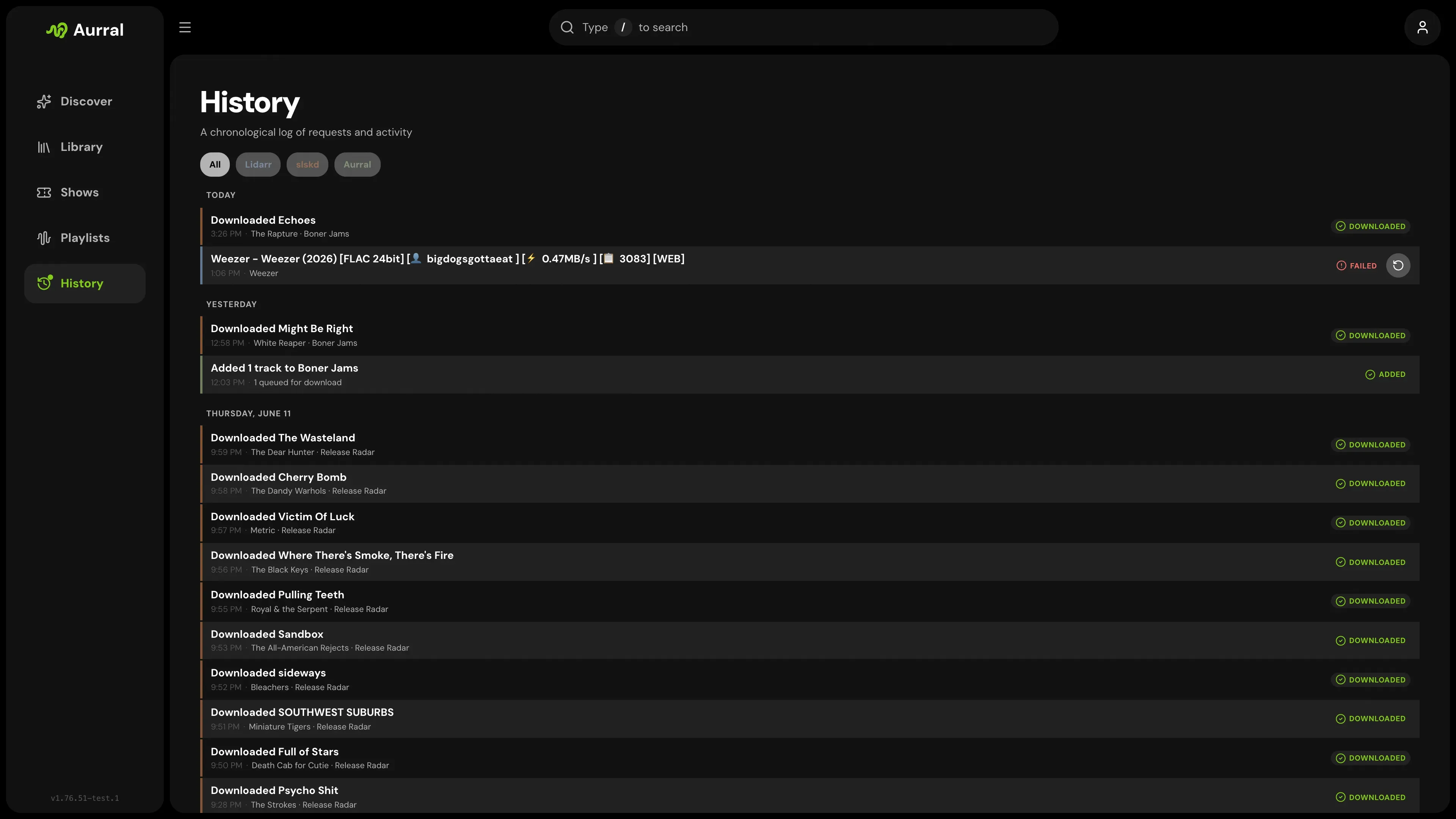 Aurral history with slskd downloads