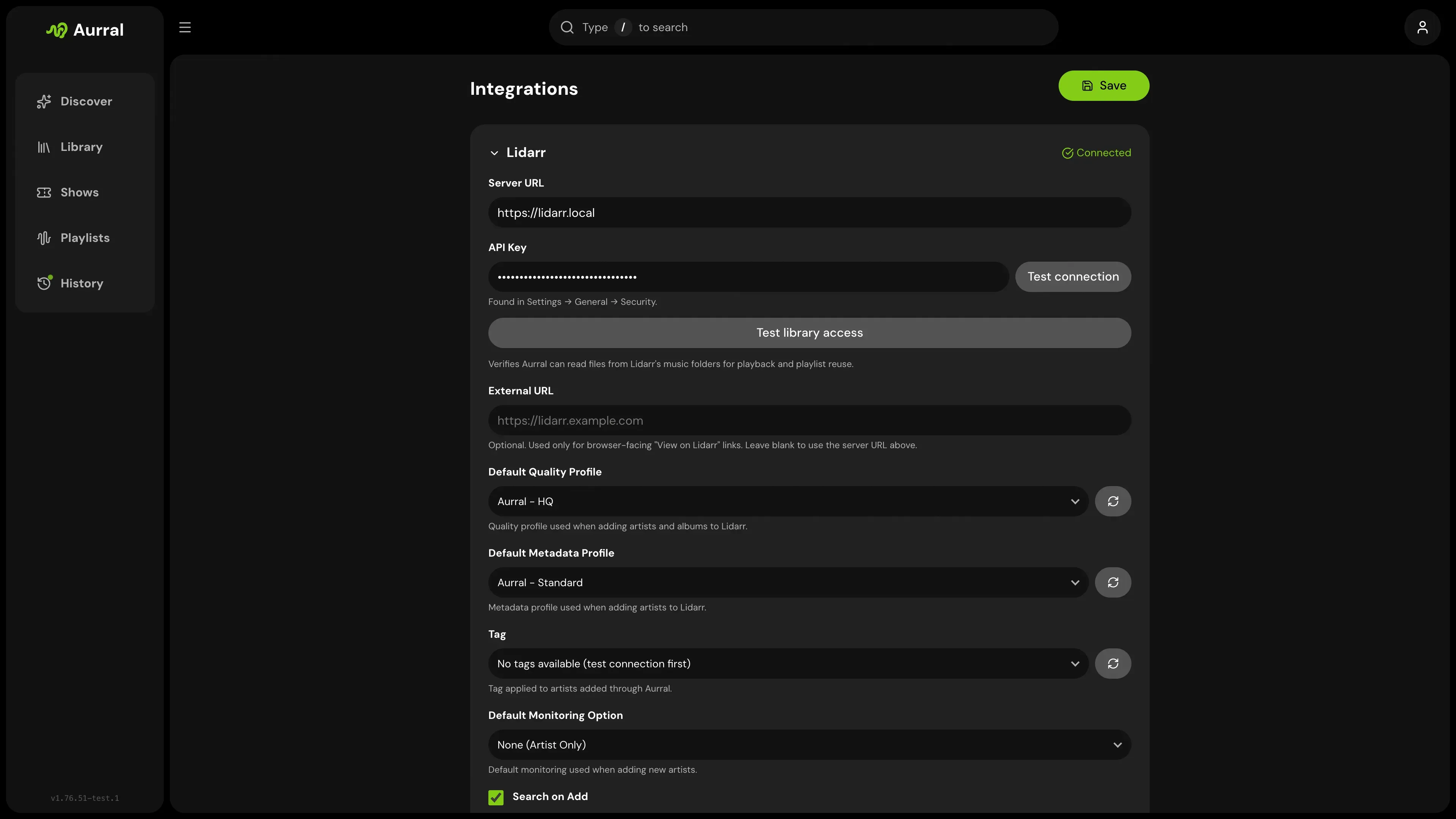 Aurral Lidarr integration settings